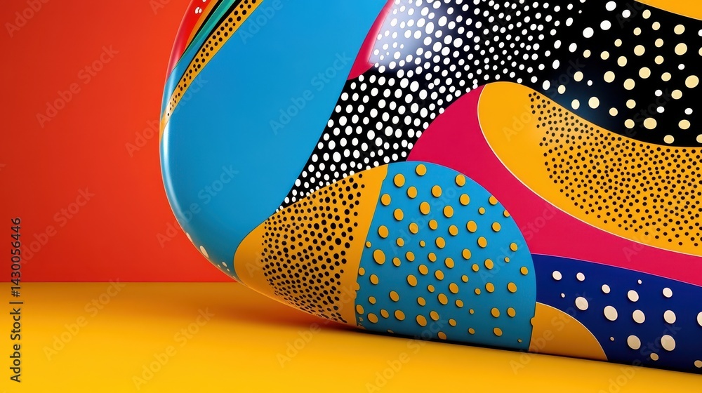 Poster colorful abstract 3d render of playful shapes and dots on yellow background
