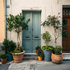 potted plants against closed door of building