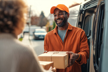 Cheerful courier in uniform delivering parcel to customer. Delivery man with package smiling near van. Express delivery concept