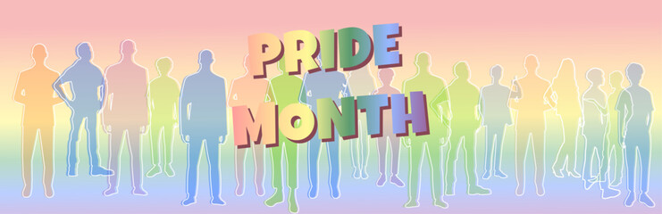 banner Vibrant rainbow silhouette crowd and 3D text celebrating Pride Month on a pastel gradient background