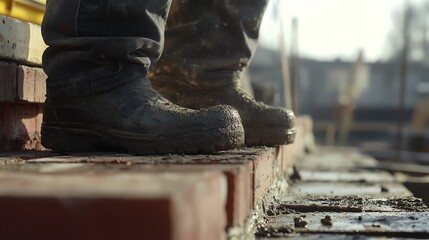Construction Worker's Boots on Brick Wall