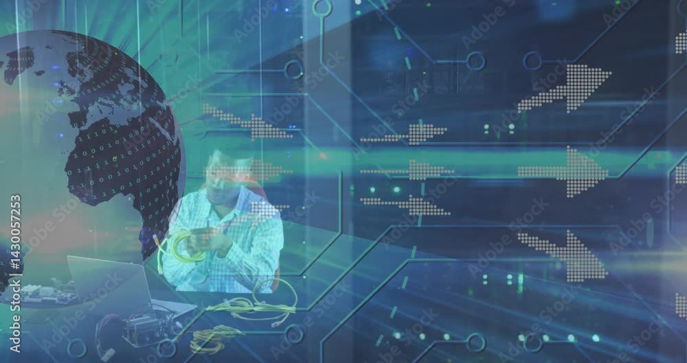 Poster it engineer connecting ethernet cables to laptop, showing globe, data streaks and circuit lines