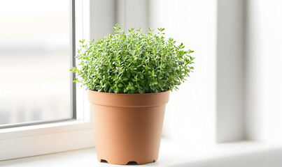 Fototapeta premium Lush Green Thyme Plant in Terracotta Pot on White Windowsill