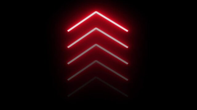 Neon upward arrow icon animation. Retro signboard with up arrow. Glowing red single-line upload arrow icon on black background.