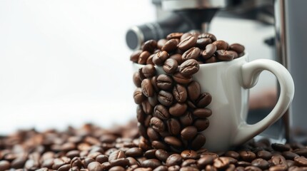 Fototapeta premium Coffee beans overflowing a white cup