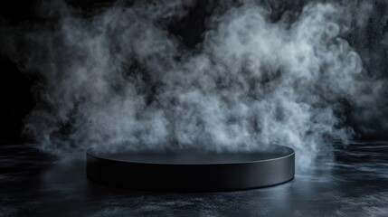 Elegant black podium, swirling dark smoke backdrop, mysterious atmosphere 