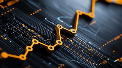 Export, trade and demand concept. A close-up view of a data visualization featuring an upward trendline in orange against a dark background, symbolizing growth and analytics.