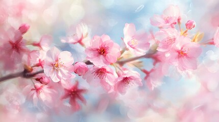 Fototapeta premium Pink cherry blossoms blooming, spring garden, soft focus background, nature beauty