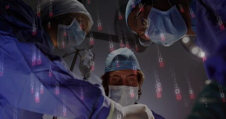 Three surgeons performing surgery in operating room, showing binary code cascading over scene - Powered by Adobe