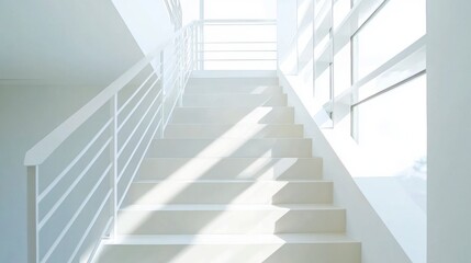 Bright White Minimalist Staircase with Sunlight Streaming Through Windows