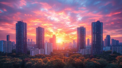 Fototapeta premium Sunrise over city skyline. Vivid colors of the dawn paint the urban landscape. Tall buildings stand out against the vibrant sky
