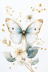 A Beautiful Watercolor Painting Depicting a Butterfly and Delicate Flowers