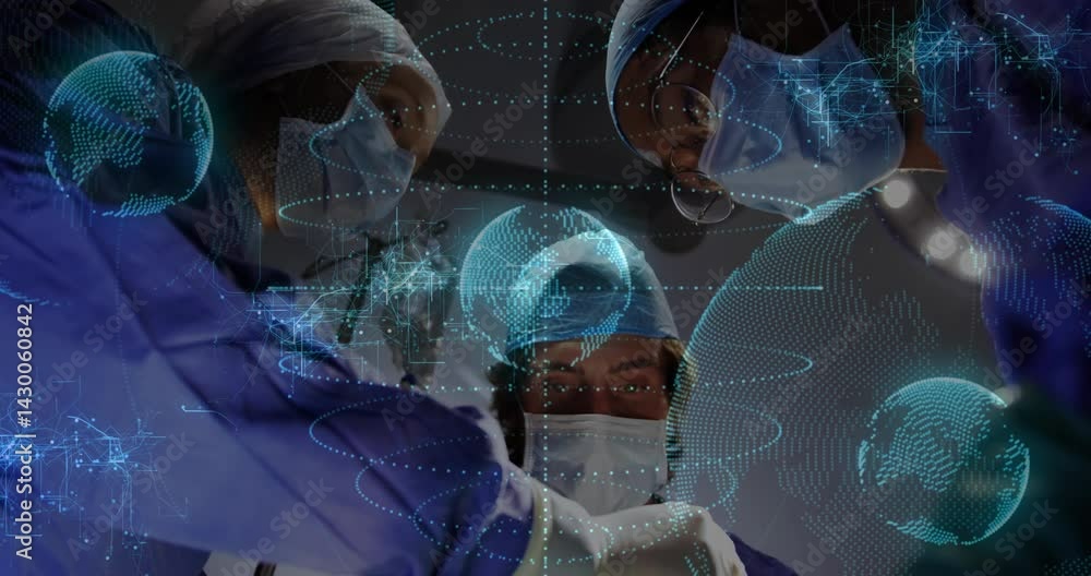 Aufkleber three surgeons collaborating around operating table, showing holographic health data networks