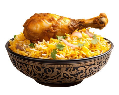 Hyderabadi Chicken Biryani &ndash; Traditional Indian Dish with Roasted Chicken Leg and Golden-Brown Basmati Rice