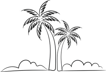 A vector illustration shows a palm tree silhouette on a tropical beach island at sunset