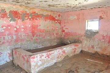 Dilapidated bathroom with peeling paint and a concrete tub.