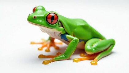 Obraz premium Green tree frog perched on white, vibrant skin, amphibian, white background, closeup