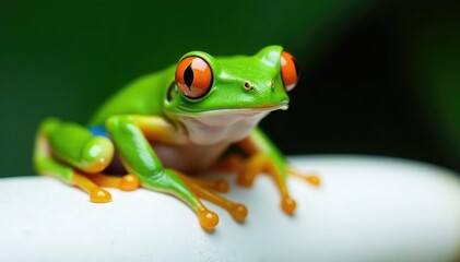 Obraz premium Green tree frog, perched on white, vibrant skin , tree frog, fauna, pond