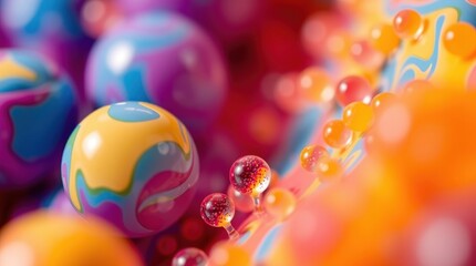 Vibrant sphere cluster in swirling motion.  Colorful, glossy, abstract spheres in dynamic interplay.  Fluid, colorful, and captivating