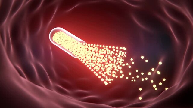 Medical capsule dissolving in human body, glowing particles released inside artery, drug delivery system, red organic background, biotechnology and pharmaceutical concept, soft lighting.