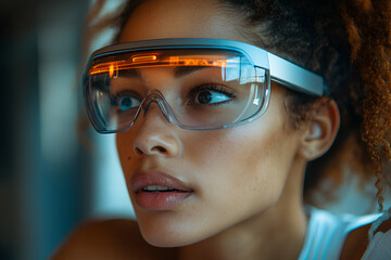 Naklejka premium Woman wearing protective glasses representing safety and modern technology