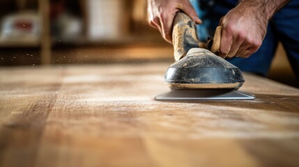 Carpenter sanding a wooden surface. Featuring focus and fine craftsmanship