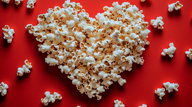 Close-up of heart-shaped popcorn formation on red surface.