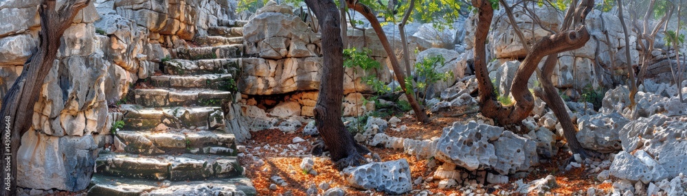 Poster ancient stone steps surrounded by trees and rocks in a natural setting.