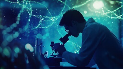 Research and development concept scientist or researcher using microscopes in biotechnology lab overlay with DNA strands and molecules