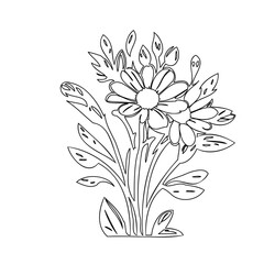 Stylized floral composition featuring daisy-like flowers in a simple, black outline design