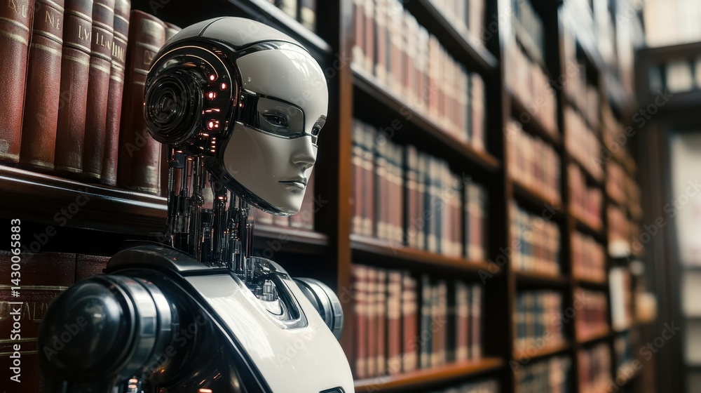 Poster robot judge in a law library setting