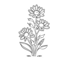 Minimalist floral arrangement outline showcasing blooming daisies with detailed petals