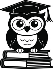Cartoon owl logo with graduation cap blue owl sitting on books. vector illustration