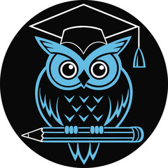 Cartoon owl logo with graduation cap blue owl sitting on pencil. vector illustration