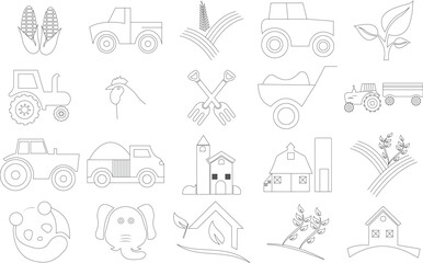 Agriculture, Farming, Line Icons, Vector, Editable Stroke, Tractors, Harvester Trucks, Farmers, 
Village Buildings, Greenhouse, Haystack, Harvest, Rural Life, Outline, Thin Line, Web Icons, Simple Ill