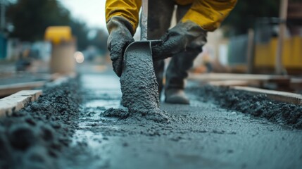 Cement worker pouring concrete for a sidewalk. Featuring precision and strength