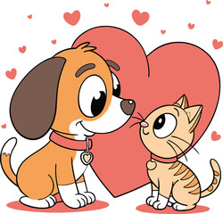 Cartoon puppy and kitten, large red heart, Valentine's Day theme 