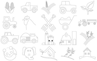Agriculture, Farming, Line Icons, Vector, Editable Stroke, Tractors, Harvester Trucks, Farmers, 
Village Buildings, Greenhouse, Haystack, Harvest, Rural Life, Outline, Thin Line, Web Icons, Simple Ill