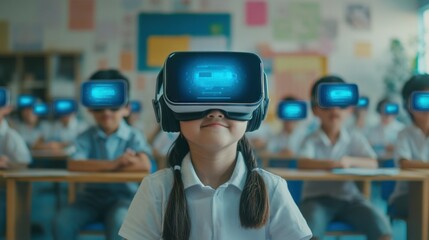 School student with VR headset using AI artificial intelligence technology & machine learning.Interactive technology in classroom. Innovation & smart tech. AI blue hologram in education