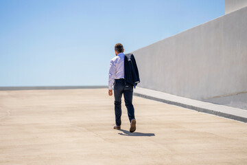 Businessman walking back outdoor. Successful businessman in suit. Ambitious business man back view. Business man walking away. Rich man in suit. Urban business man go up. Urban scene. Path to success