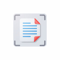 Colorful document icon (white paper with blue text lines and a red corner fold) inside a soft gray scanning frame, bright white background, clean flat style, no text