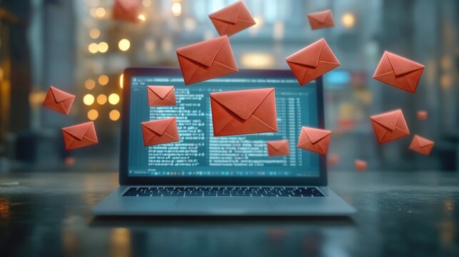 Modern Laptop Displaying Code with Floating Red Envelopes in a Bright Workspace Environment
