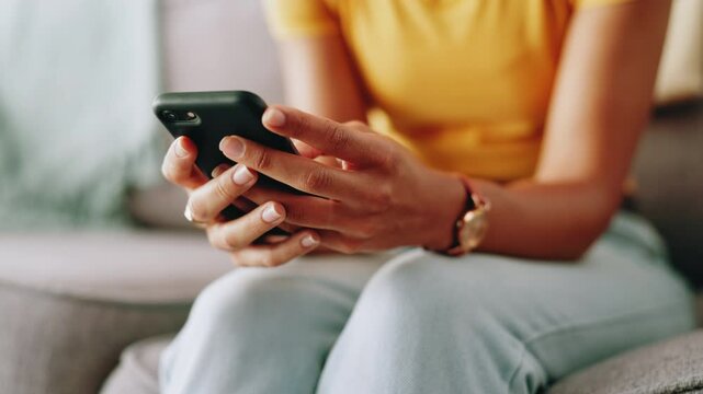 Hands, woman and typing with phone on sofa for dating site chat, social media post and text message response. Closeup, person and smartphone for internet research, email notification or communication