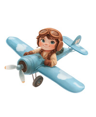 Charming young aviator in vintage airplane with joyful expression and classic pilot goggles, soaring through the blue sky with playful clouds around