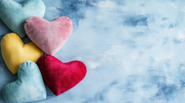 Flatlay composition featuring handmade heart cushions to convey an appreciation theme against a backdrop suitable for adding text or images called the copy space image