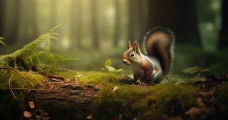 Obraz premium A squirrel in a mysterious forest , natural shading, photorealistic, natural lighting, hyperrealistic, depth of field, photography, Cinematic