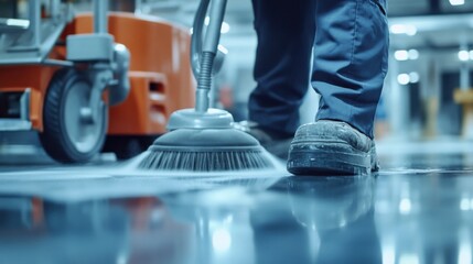 Cleaner sanitizing an office space. Featuring cleanliness and efficiency