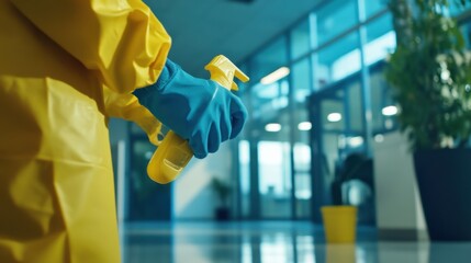Cleaner sanitizing an office space. Featuring cleanliness and efficiency