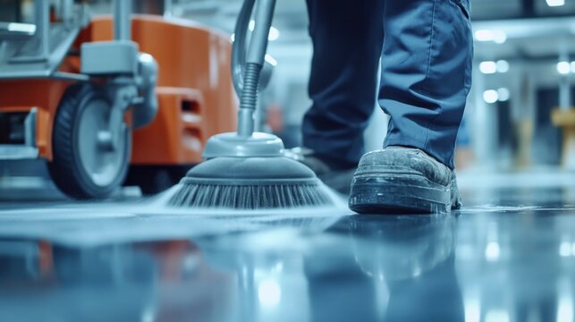 Cleaner sanitizing an office space. Featuring cleanliness and efficiency