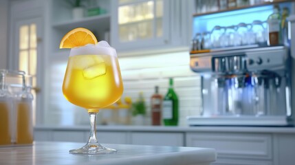 Refreshing citrus cocktail served in a glass, highlighting vibrant colors in a modern kitchen setting during afternoon hours